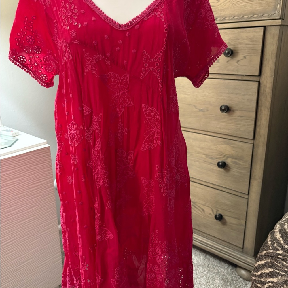 Johnny Was Hot Pink All Over Embroidery Barbie does Boho Fairycore Mini Dress S